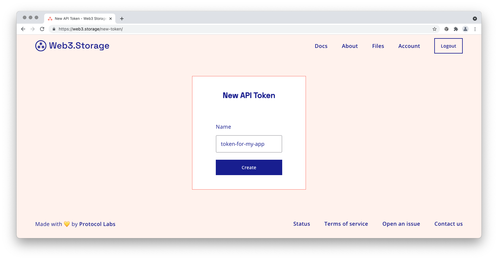 Screenshot of a Web3.Storage page for naming a new API token