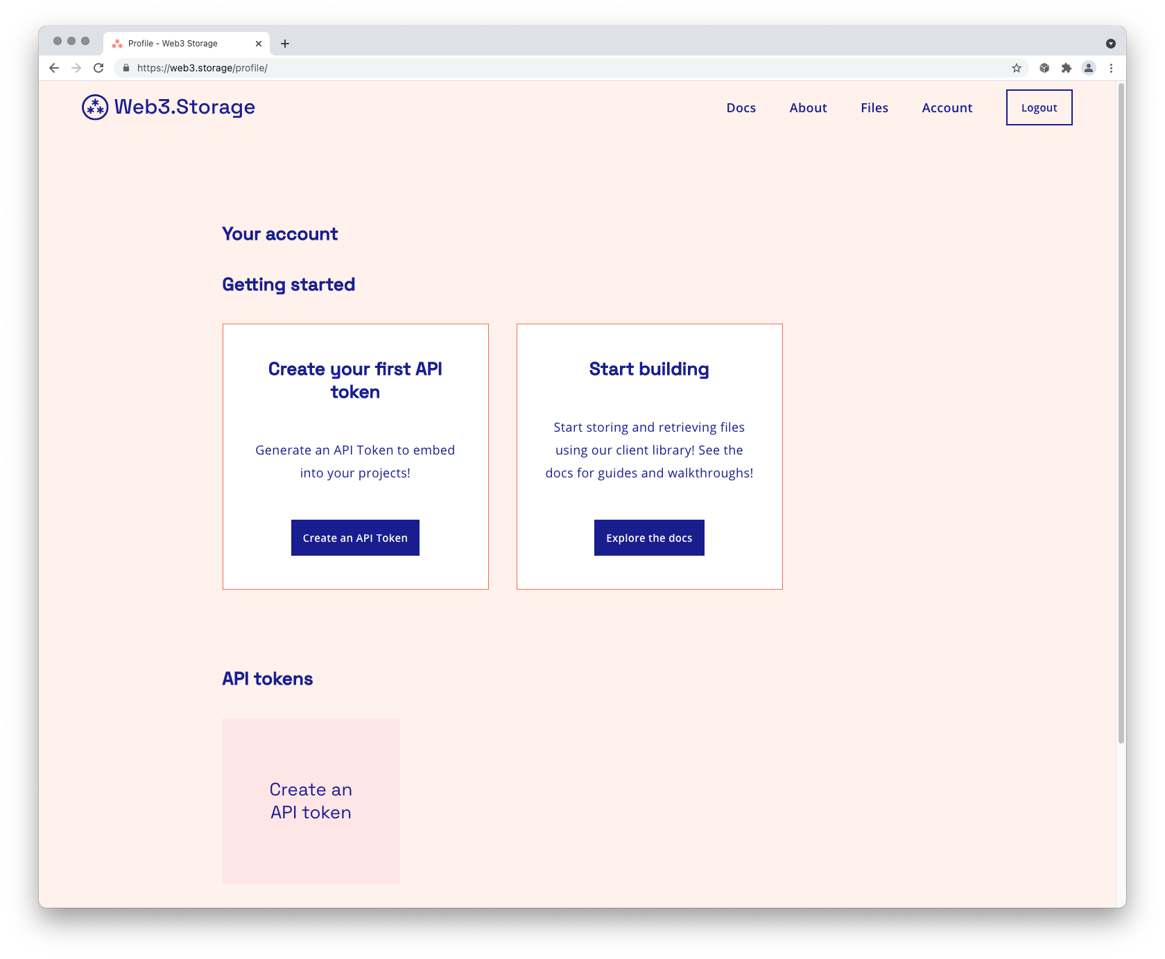 Screenshot of a Web3.Storage account page