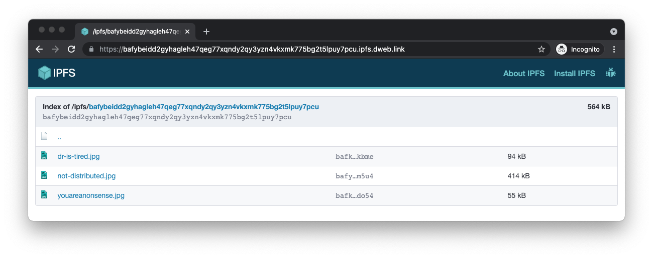 Screenshot of an IPFS gateway directory listing