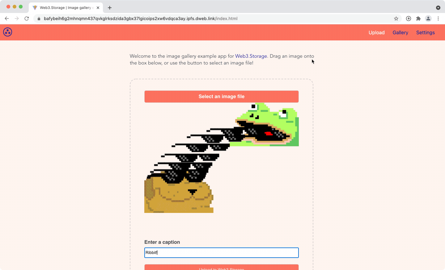 Animated screen capture of the example app, showing a user uploading an image and viewing it in their gallery.