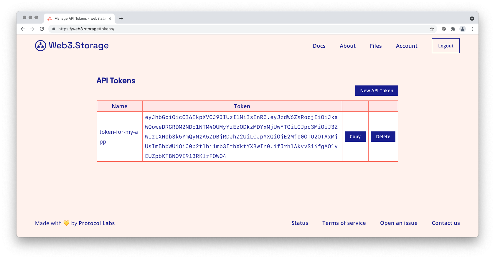 Screenshot of a Web3.Storage page showing a user's API tokens